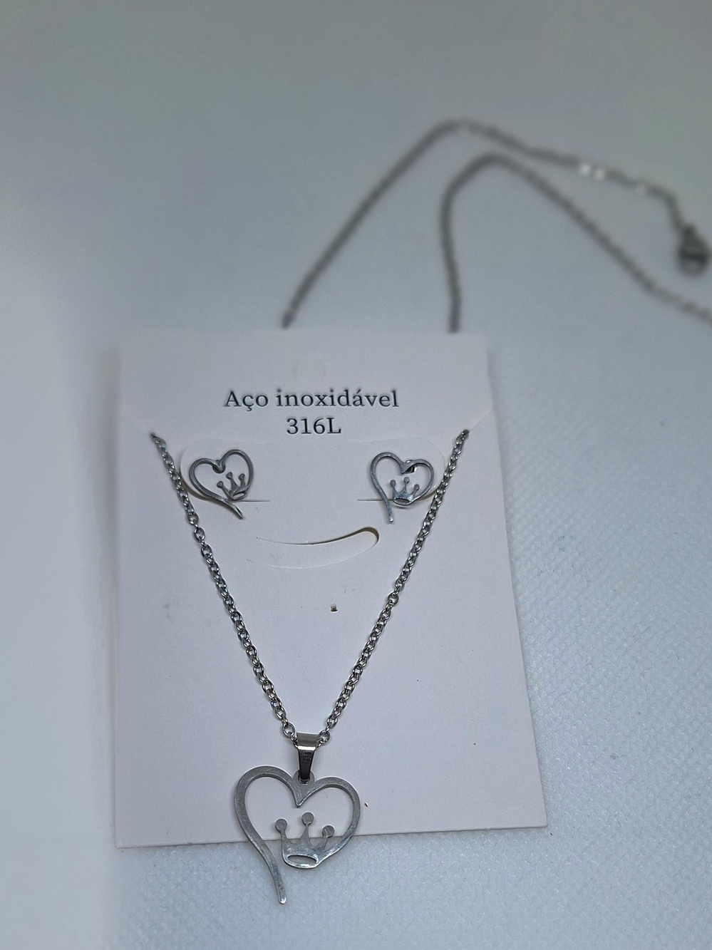Stainless Steel Silver Heart & Crown Necklace and Earring Set